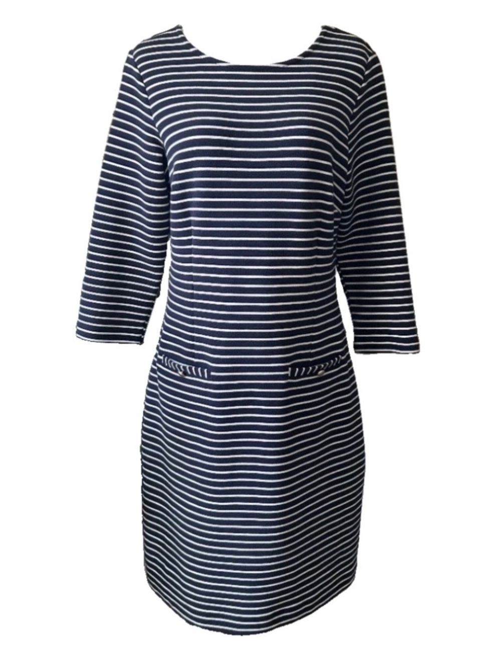 New Talbots White Navy Straps 79%Cotton 16% Polyester Long Sleeve Dress size 8P